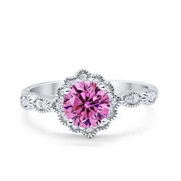 Floral Art Engagement Ring Simulated Pink Cubic Zirconia 925 Sterling Silver